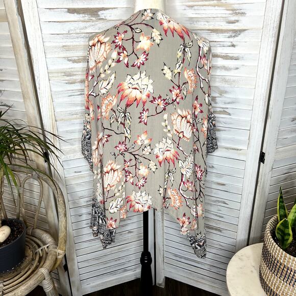 ANGIE Women's Sm Open Front Kimono Top Floral Ruffle Tim Taupe Coral Oversized - Picture 5 of 16